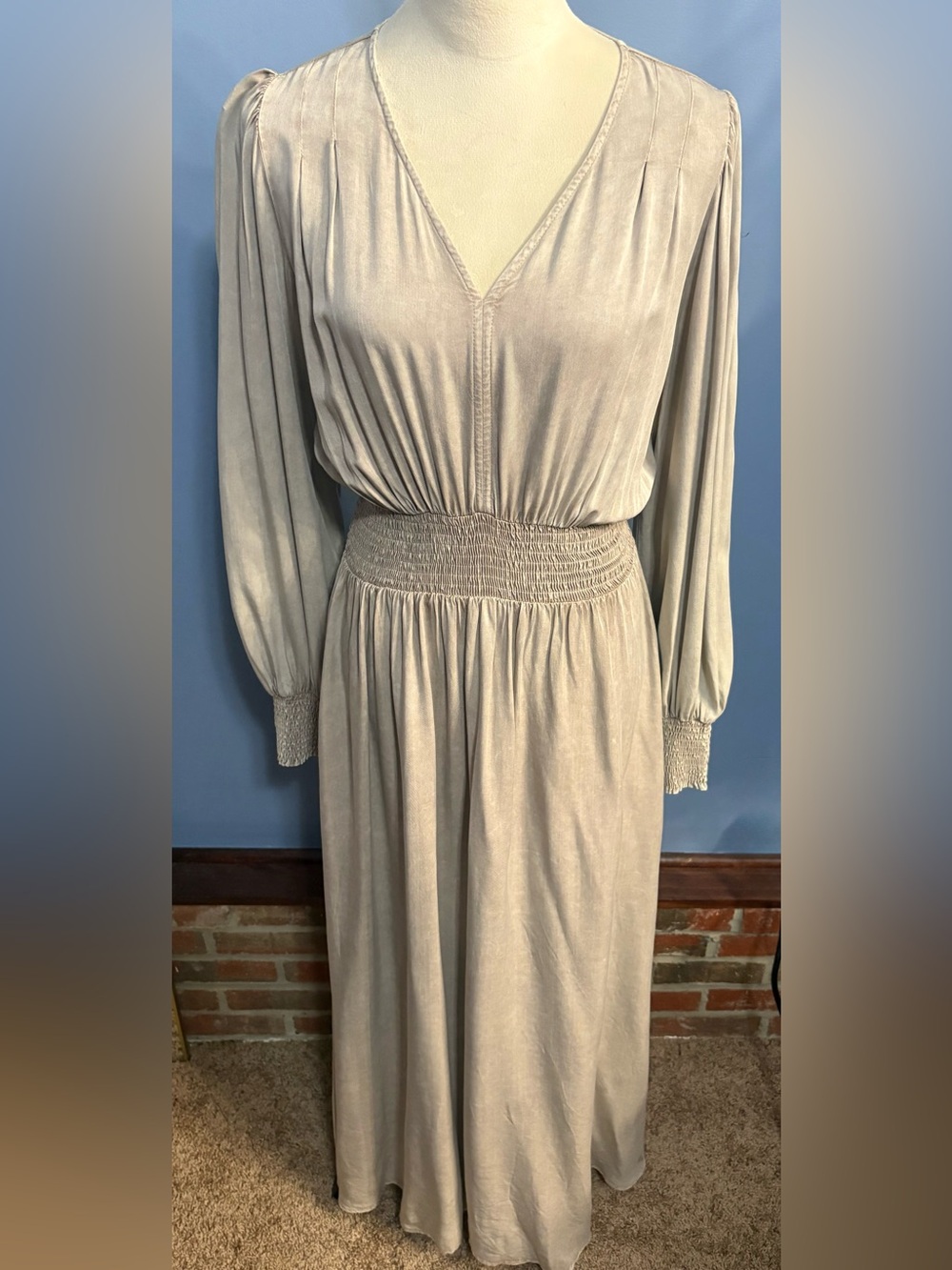 Neutral Long Sleeve Smocked Waist Maxi Dress